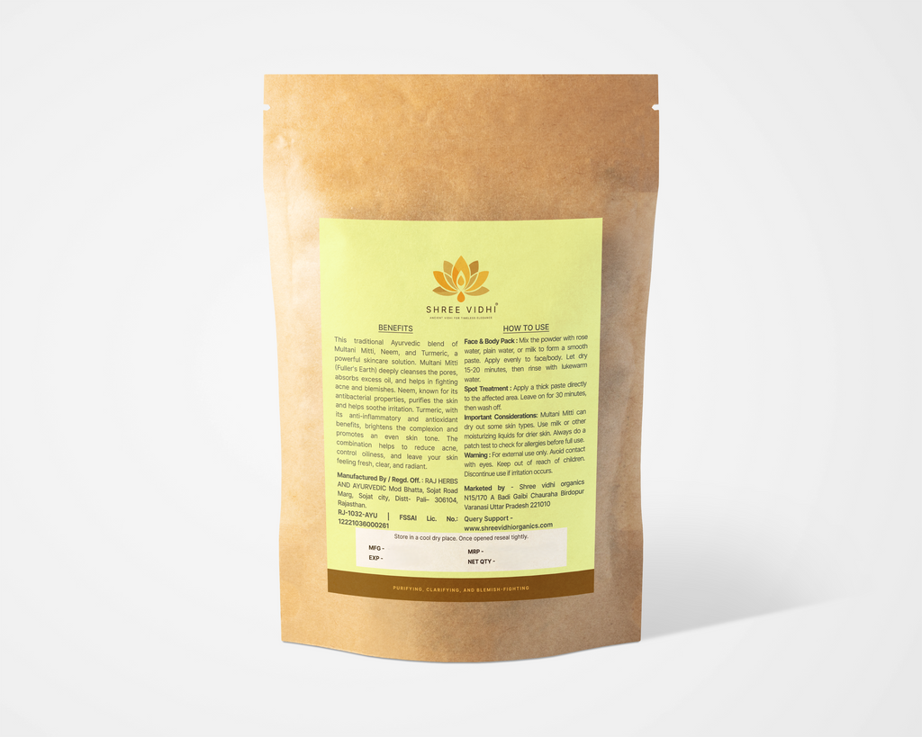 Shree vidhi Multani Mitti Neem Turmeric Blend Powder for Face and Body - 100gm